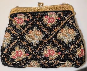 Floral Embroidered Black Beaded Purse Evening Bag Golden Chain & Trim Kiss Lock - Picture 1 of 18