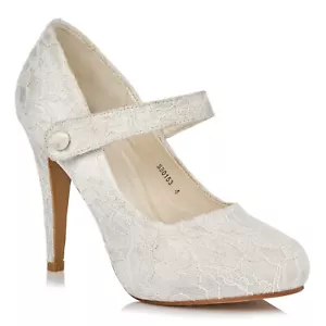 ZAPATOS DE SALÓN DE ENCAJE MARFIL TACÓN ALTO MARYJANE NOVIA CORTE BODA TALLAS 3-8 - Imagen 1 de 4