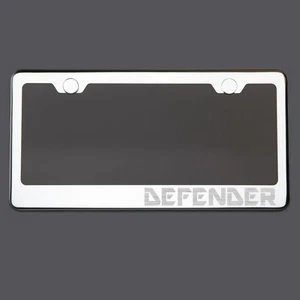 Mirror Chrome License Plate Frame DEFENDER Laser Engraved Metal Screw Cap - Picture 1 of 8
