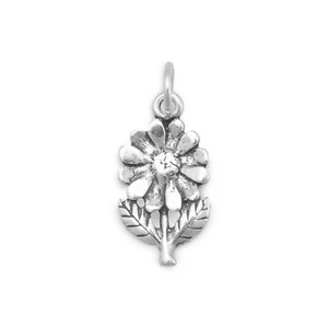 Authentic 925 Sterling Silver Flower with Stem/Leaves Women's Bracelet Charm - Picture 1 of 2