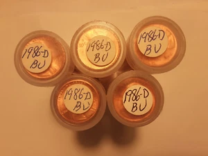 Five UN-circulated rolls of 1986-D Lincoln Memorial Cents. - Picture 1 of 2