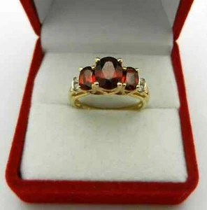 3Ct Oval Cut Red Garnet Three Stone Women's Engagement Ring 14K Gold Plated - Picture 1 of 6