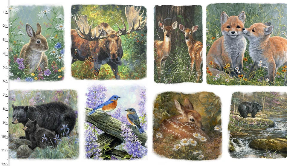 3 WISHES FABRIC 34" Fabric Panel | 3 Wishes New Beginnings Deer Bear Bird Fox Portraits White