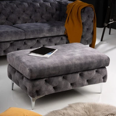 Chesterfield Hocker MODERN BAROCK - dunkelgrau silber - Samt Metall - Sitzhocker - Bild 1 von 4