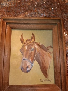 RTF Vintage Hand Painted Horse Picture Artist RUTH WAY Signed Small Wooden Frame - Picture 1 of 7