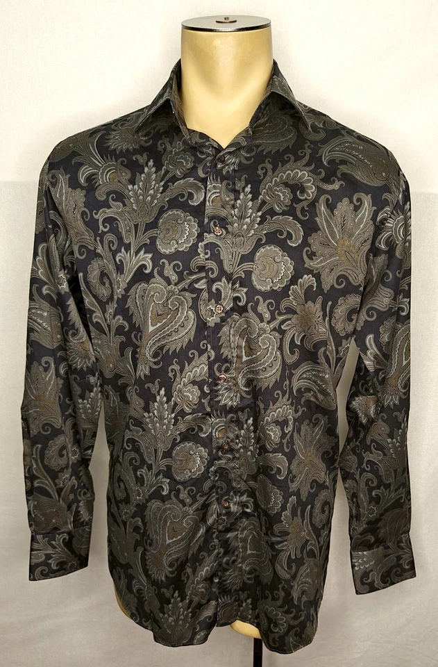 Mens ETRO Milano Italy black & green paisley l/s button-up shirt size 42 - Image 1 of 1