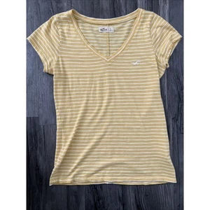 Hollister Yellow White T-Shirt Striped Short Sleeve Rolled Women Small vtg - Picture 1 of 6