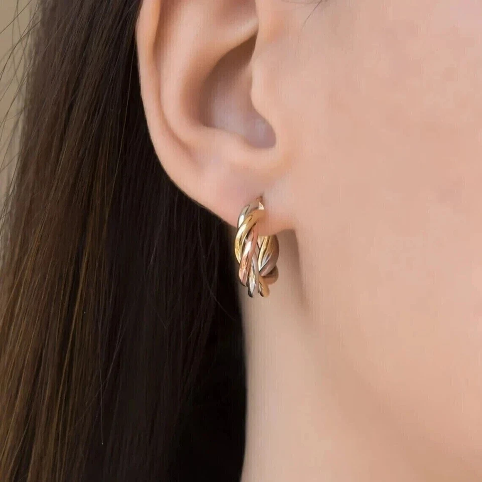 14K Yellow Rose White Gold Plated Silver TRI COLOR Hoop Earrings - Image 1 of 4