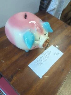 Hull Pottery Corky Piggy Bank 1957 Pink Pig Blue Ears With Cork H P Co Made USA - Image 1 of 4