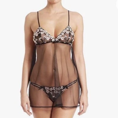 L’Agent Agent Provocateur Mesh Slip Dress Babydoll Lace Black Pink Size M - Image 1 of 4