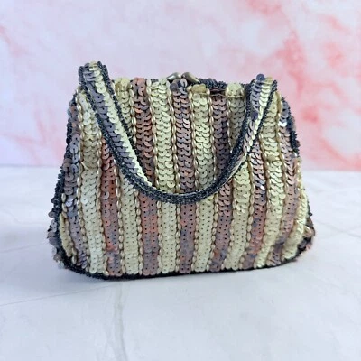 Cartera pequeña vintage a rayas de lentejuelas bolso bolsillo libro azul lila marfil cierre Foto 1 de 4