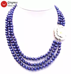 Collana di perle blu naturali rotonde 6-7 mm per gioielli donna 3 fili girocollo 17" - Foto 1 di 16