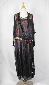 VINTAGE BLACK BLUE NET LACE PARTY DRESS, c1925 - Picture 1 of 17