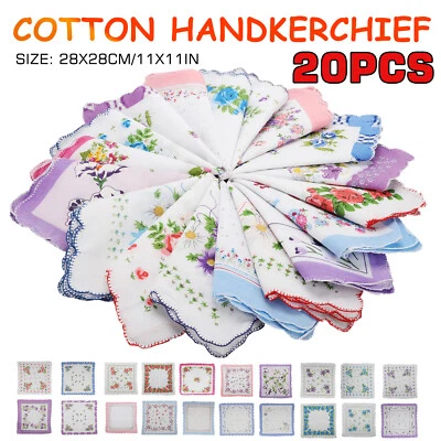20Pcs Vintage Floral Flower Ladies Handkerchief Cotton Pocket Square Women Hanky - Image 1 of 4