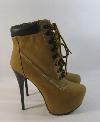 Wheat 6.5"Stiletto High Heel 2"Platform Lace Up  Ankle Boots Women Size  7 - Image 1 of 4