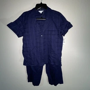 NWT Charter Club Tonal Checker Button Down Top & Pants 2 Pc Women’s Pajama Blue - Picture 1 of 11