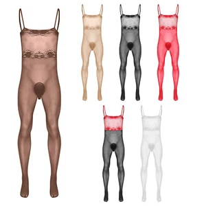 Men Bodysuit Crossdresser Jumpsuit Lace Bodystocking Sissy Sleeveless Unitard - Picture 1 of 29