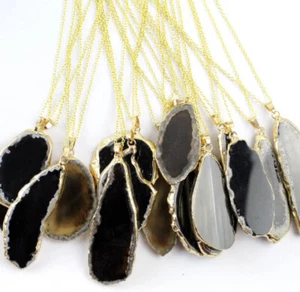 HEALING STONE AGATE PENDANT NECKLESS~GOLD PLATED~NATURAL STONE~ COLOR BLACK - Picture 1 of 3