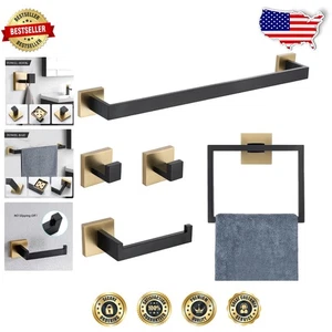 Elegant 5-Piece Bathroom Hardware Set in Black and Gold - 24" Stainless Steel - Picture 1 of 9