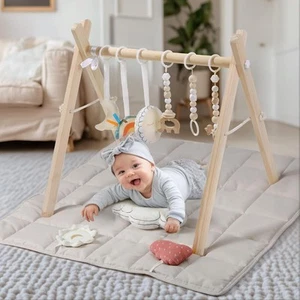 Wooden Play Gym with Beige Mat, Foldable Baby Play Gym, Infant Activity Mat with - Picture 1 of 7