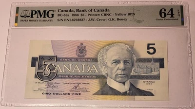 Canada 1986 $5 Bank Note Ch Unc 64 EPQ PMG - Image 1 of 4