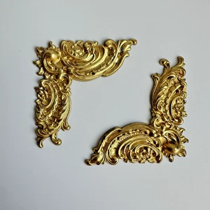Set of 2 Vintage Stamped Brass 2" Light Weight Corner Embellishments Ornate - Picture 1 of 6