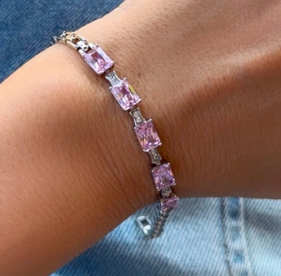 Pulsera Baguette Cristal Rosa Tono Plata Platino Chapado Joyería de Lujo Foto 1 de 4