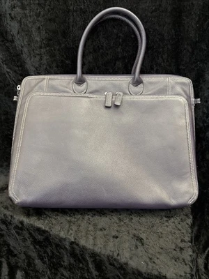 Levenger Business Tote Bag Notebook Computer Purple Pebbled Leather Briefcase - Image 1 of 4