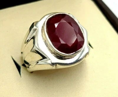 Ruby Ring Men 925 Sterling Silver Genuine Real Yaqoot Stone Mens Rings Size 9  - Image 1 of 4