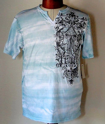 Camisa "NUEVA CON ETIQUETAS" Para Hombre Retrofit Verde Menta y Blanco Rayas Algodón Cruzado Cuello en V GRANDE Foto 1 de 2