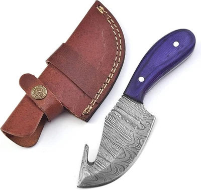 Damascus Steel Gut Hook Skinning Knife, Leather Sheath, Fixed Blade Hunter - Image 1 of 4
