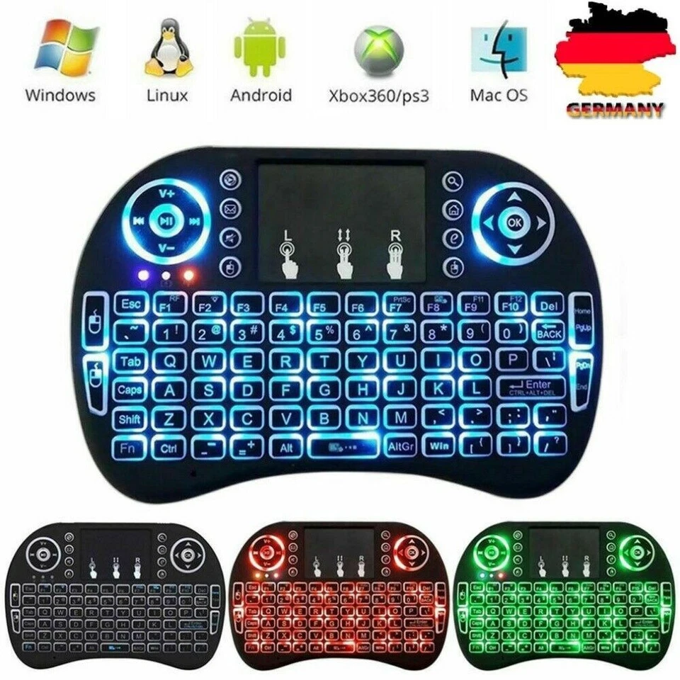 i8 Mini Funk Tastatur Touchpad PC Wireless Keyboard Deutsch LED RGB Keypads DE - Bild 1 von 4