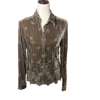 Camisa De Colección ECI Marrón Terciopelo Floral Bordado Ojales Cabricho Se Ajusta a Pequeña Foto 1 de 4