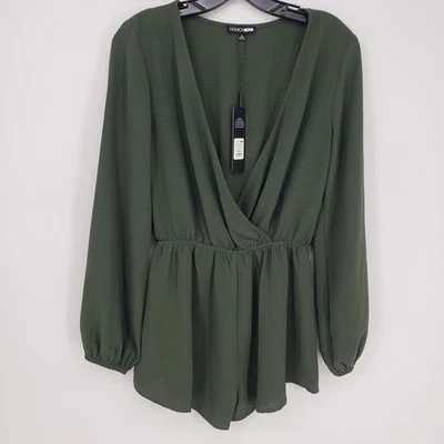 Moda Nova Melanie Surplice Mameluco Verde Oliva Manga Larga Pantalones Cortos Talla S NUEVO Foto 1 de 4