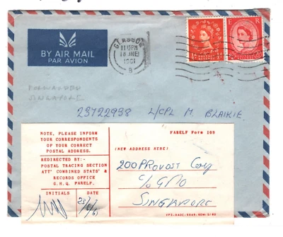 GB 1961 Cubierta SINGAPUR POLICÍA MILITAR Etiqueta Reenviada FPO.748 Ex Glasgow MA757 Foto 1 de 4
