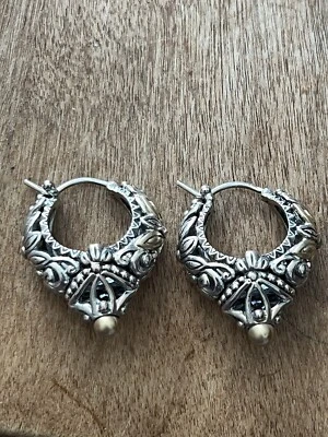 Barbara Bixby Carved 1”L Hoop Earrings 925 Sterling Silver 18K  13.51gm - Image 1 of 4