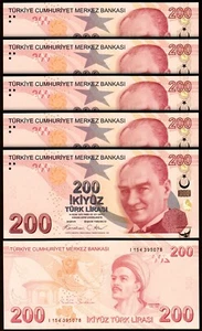 Turkey 200 Lira 2009- 2025, UNC, 5 Pcs LOT, Consecutive, Prfx I, P-227, NEW DATE - Picture 1 of 4
