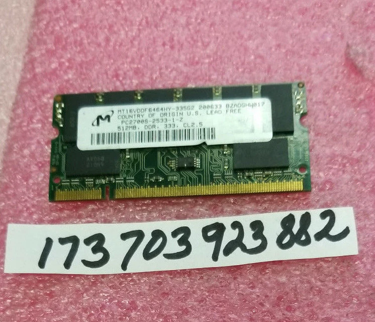 MICRON  512MB DDR1 DDR-333 333 PC2700  UNBUFFERED 200PIN SODIMM 32X8 CL2.5 - Image 1 of 1