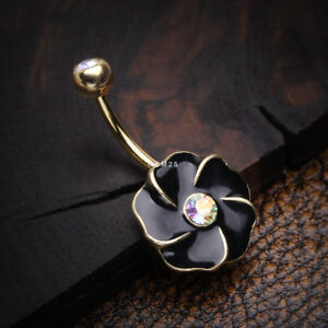 Golden Black Hibiscus Flower Sparkle Belly Button Ring