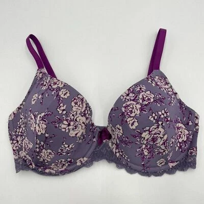 Adore Me Bra 34DD Floral Padded Underwire Feminine Pattern Print Purple White - Image 1 of 4