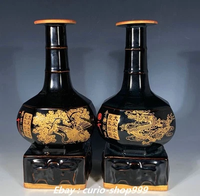 Par de jarrones botella 11" Song Dynasty esmalte negro porcelana dorado dragón fénix Foto 1 de 4