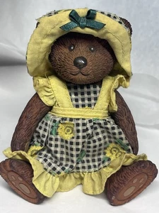 Lady Bear Figurine Dressed In A Checkered And Sunflower Dress With Bonnet 4x3” - Picture 1 of 11