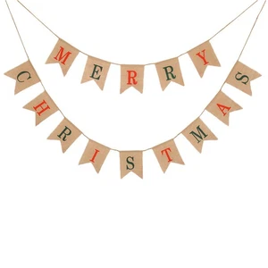  Burlap Banner Merry Christmas Hanging Bunting Xmas Party Pull Flag Home Banquet - Picture 1 of 12
