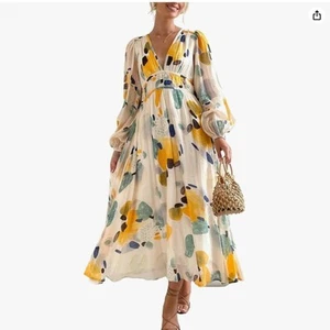 NWT Sissyaki Women's Long Sleeve Boho Watercolor Maxi Dress Size L - Picture 1 of 11
