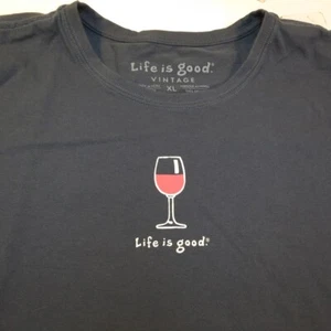 LIFE IS GOOD VINTAGE WINE TEE T SHIRT Womens XL Blue Half Full Optimistic - Picture 1 of 5
