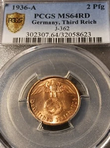 PCGS MS64RD 1936-A German 2 Reichspfennig J-362 UNC RED 2Pfg Berlin Mint - Picture 1 of 5