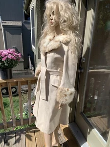 Vintage 60’s Size Medium Coat Cheetah Fur Trim Oatmeal Trench Coat - Picture 1 of 15