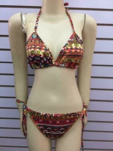 Nuevo bikini naranja verde azteca parte superior e inferior wm talla S/M corbatas de cuerda - Imagen 1 de 2