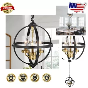 Elegant 14" Black and Gold Globe Chandelier - 3-Light Adjustable Pendant Light - Picture 1 of 12