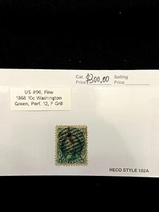 US Stamp #96, 1868, Washington 10c, F Grill, FINE - RARE! CV=$300 - Picture 1 of 8